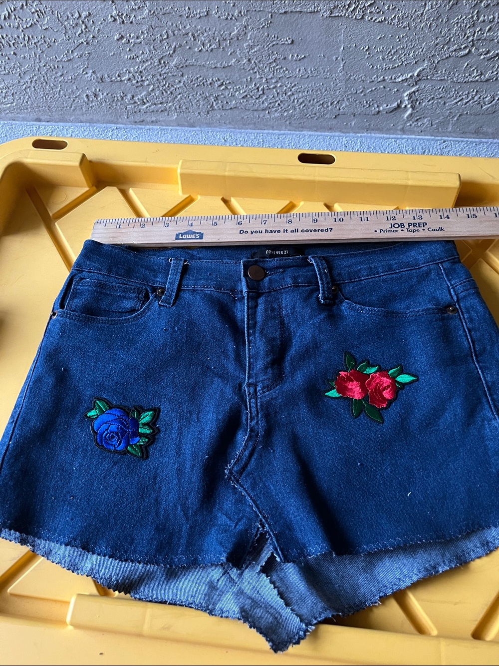 Embroidered Dark Blue Denim Jean Shorts with Red & Blue Floral Accents